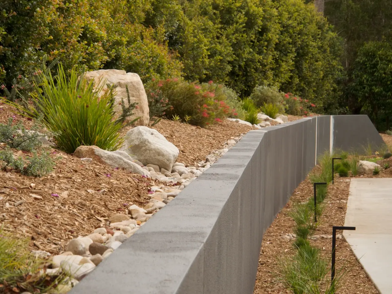 Mass-planted bed running along a rendered wall beside a commercial path