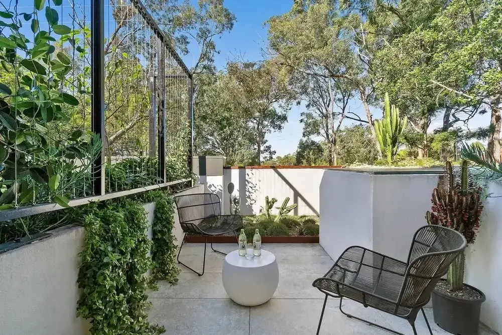 Elevated apartment courtyard with screening planting and a treetop outlook